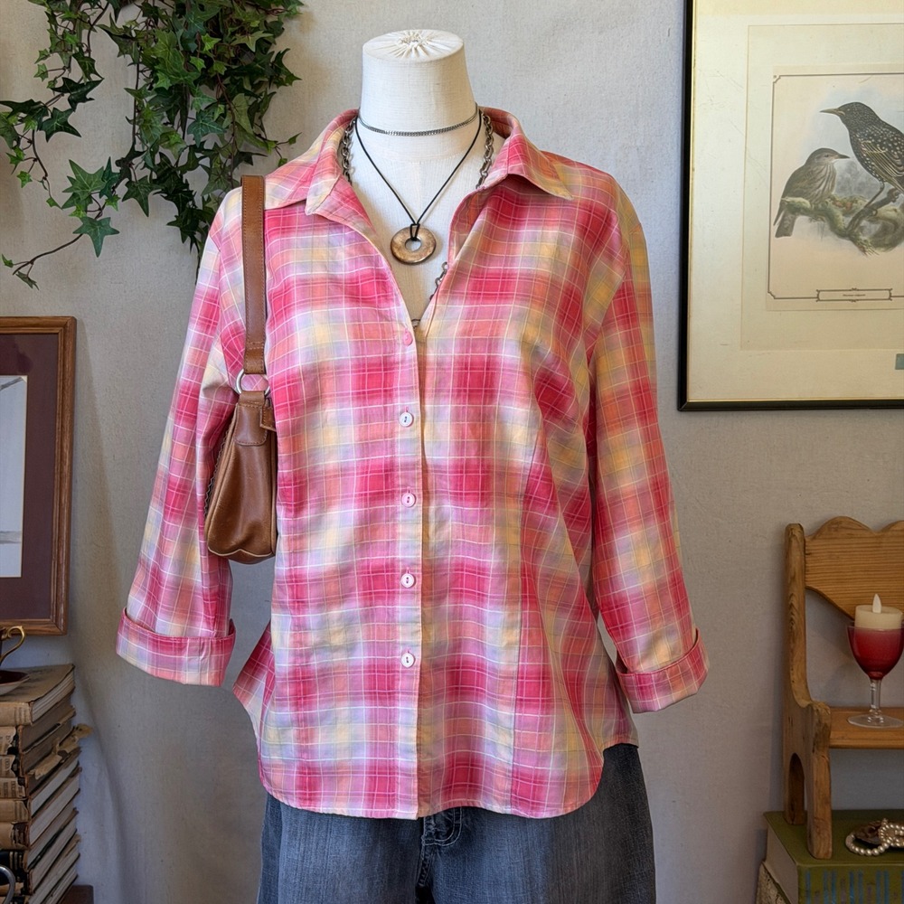 Pink Plaid Button Down Shirt Cottagecore Vintage 90s Large Momcore Indie